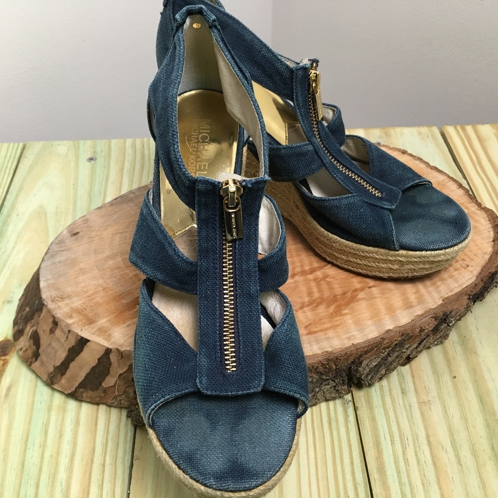 Micheal Kors Blue Canvas Wedges Size 8M